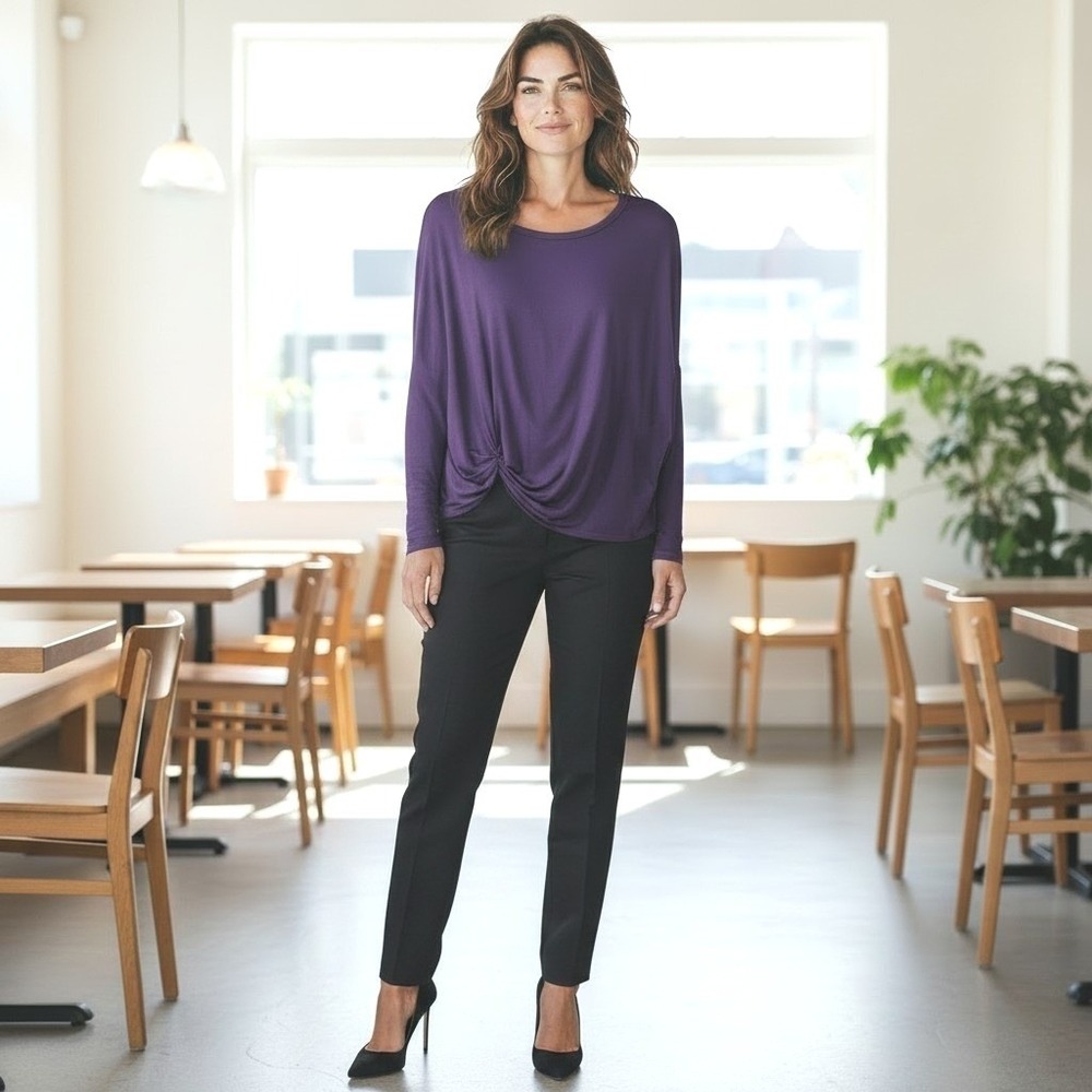 Karen Kane Purple Side Twist Top Long Sleeve Scoop Neck Stretch Sz L USA Made